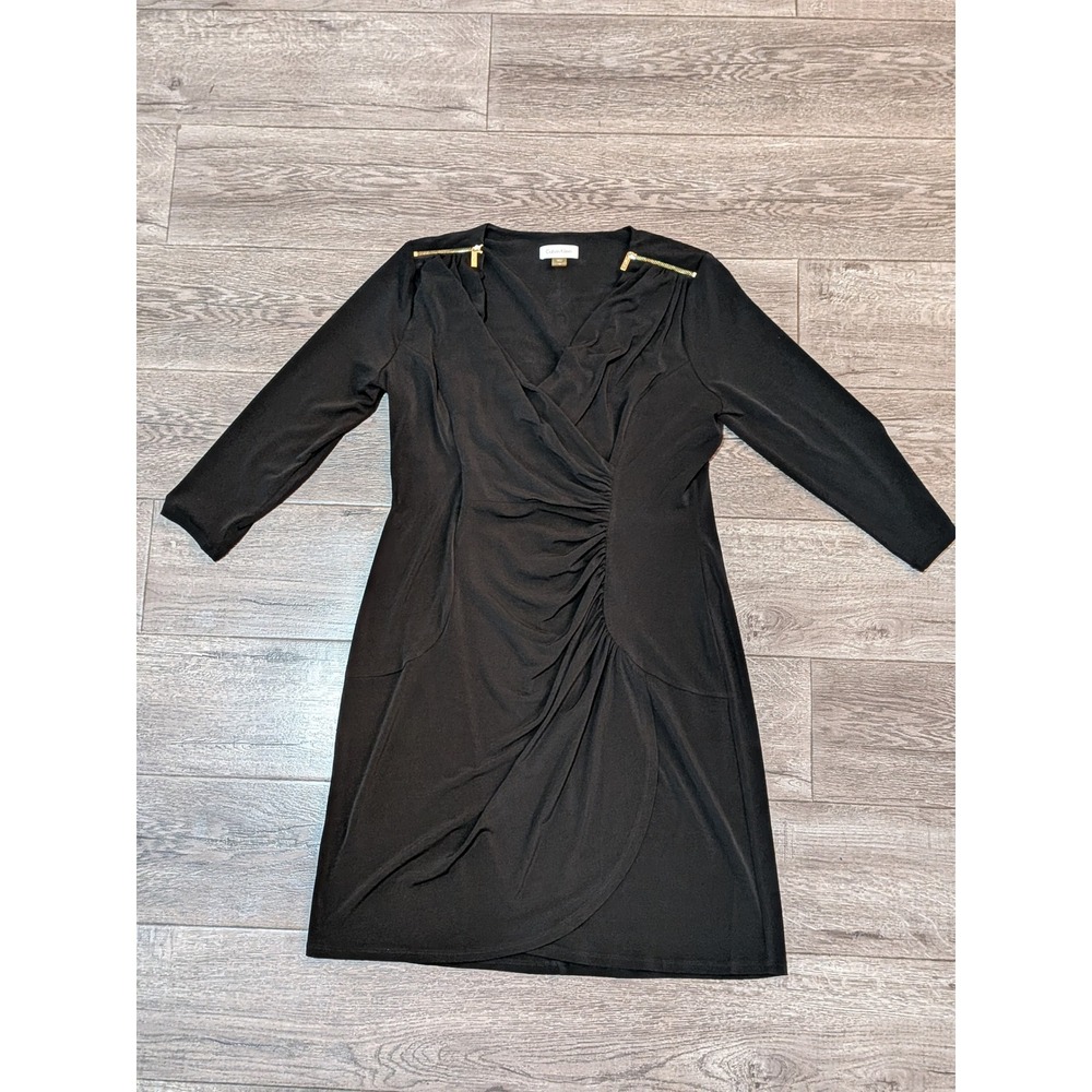 Calvin Klein Black Faux Wrap Ruched Sheath Dress Gold Shoulder Zip Size 10